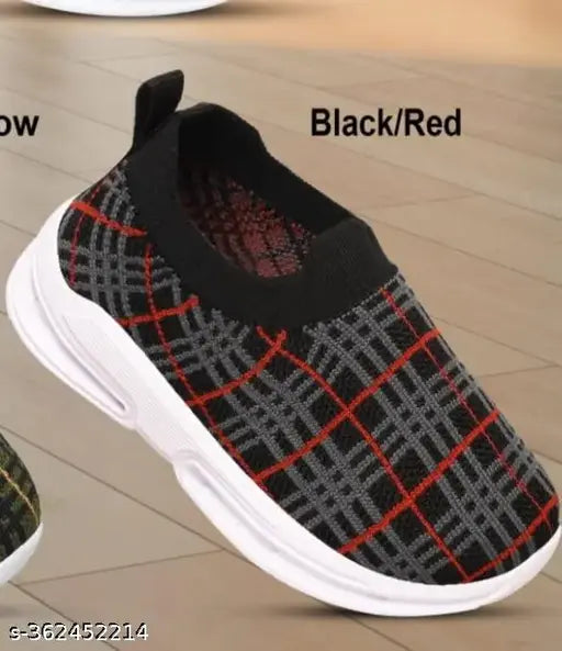 Black and red checkered kids' shoes with laces