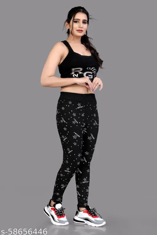 Cotton blend women's stretchable selfie star print jeggings set, sizes 26-36 (ideal for casual look)
