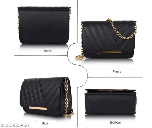 Black synthetic leather chain strap crossbody sling bag for women