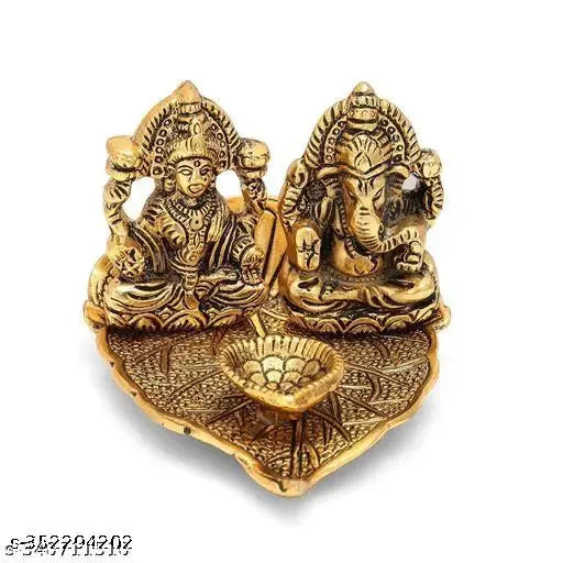 Metal Laxmi Ganesh idol set, intricate Indian religious figurines for Pooja and gifting, measuring 9cm x 10.5cm x 9cm