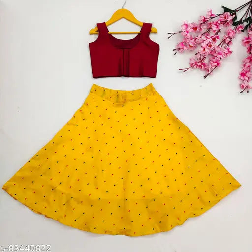 Kids Girls satin crop top with embellished lehenga and art silk dupatta, Indian designer fashion for 2-5 year olds on display