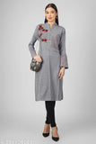Woolen long kurta with embroidery, black border
