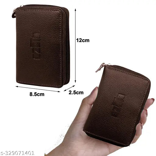 Brown genuine leather unisex card holder with zip closure, featuring 2 large cash compartments & 9 card slots