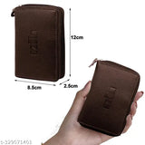 Brown genuine leather unisex card holder with zip closure, featuring 2 large cash compartments & 9 card slots