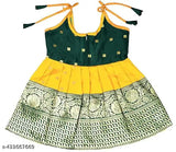 Baby girl jacquard ready-made patty pavadai frock dress, green with yellow border