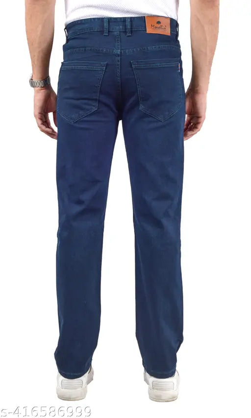 Navyblue stretchable denim jeans for men, trendy and unique with mid-rise, cross pockets, brand patch, and belt loops. Solid navyblue color, relaxed fit, lightly washed, zip fly with button closure. Sizes available: 28, 30, 32, 34, 36, 38, 40 (inches). Made in India