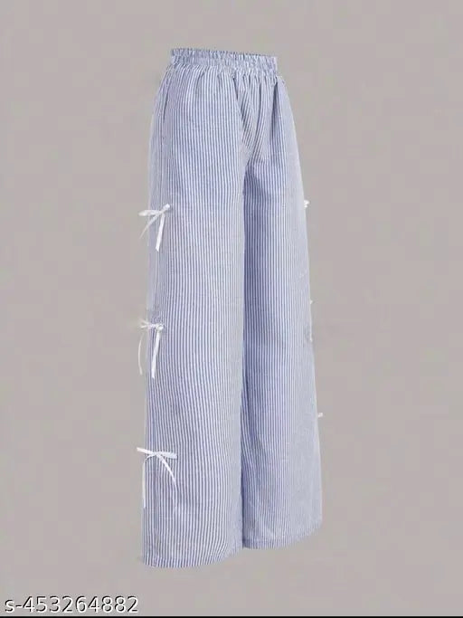 White and blue pinstripe pants with bow detailing