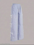 White and blue pinstripe pants with bow detailing