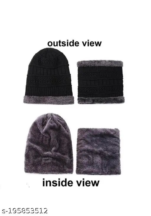 Woolen winter cap & muffler combo for men and women, self-design patterned, cold-weather accessory set (N2), made in India