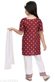 Maroon kids' party dress set: Rayon kurta with long sleeves, rayon bottoms, cotton silk dupatta, perfect for festive occasions