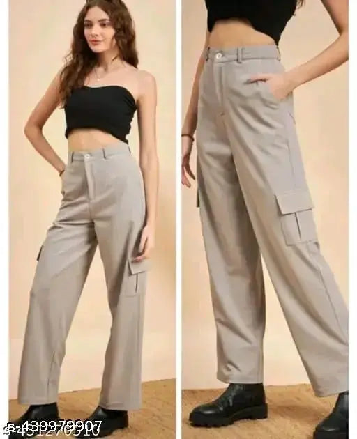 Tan cargo trousers with pockets and tie waistband, women's comfy casual wear