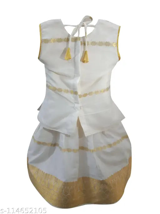 Traditional Kerala cotton silk lehenga choli set for girls, solid pattern on display, sleeveless and stitched net