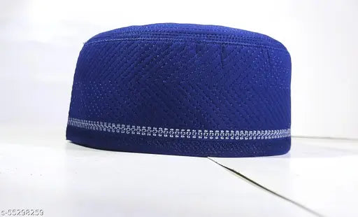 Blue cotton traditional Islamic cap topi, embroidered with cross-line design, comfortable, authentic, washable, high quality, antique product from India