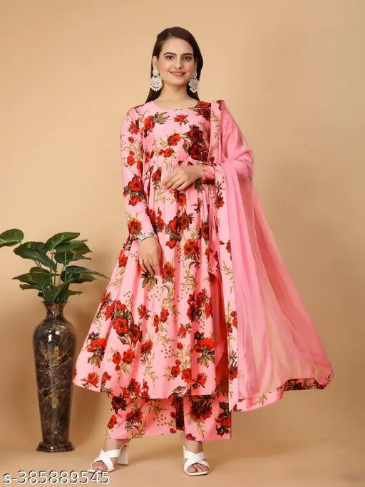 Georgette, three-quarter sleeve embroidered net floral designer gown. Indian Western fashion wear for women, size N