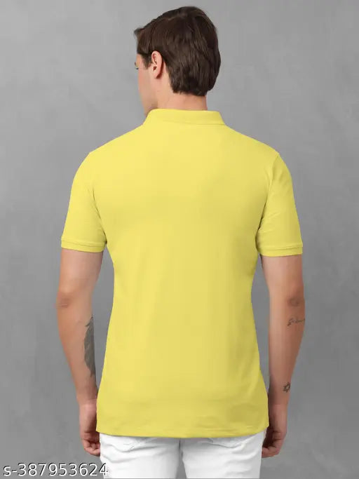 Yellow cotton blend polo t-shirt with trendy colorblock graphic print collar for men, size M (Chest Size: 41 in, Length Size: 28 in)