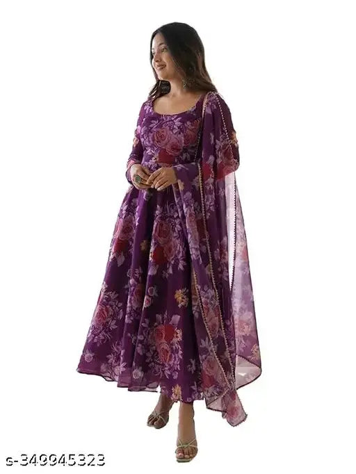 Purple floral printed Georgette gown with dupatta for women's parties, weddings, or festivals. Long sleeves, hand-washable, available in S to XXXL sizes from India