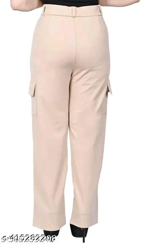 Brown cargo pants with pockets on the waistband and legs, elastic waistband