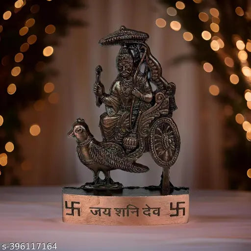 Handcrafted metal statue of DVM Jai Shani Dev, decorative Indian showpiece with dimensions 4.5 x 11 x 1.5 cm