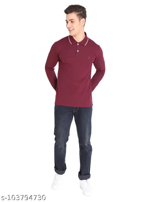 Maroon polycotton Chkokko men's solid polo shirt, long sleeves, classic fit, 60% cotton, 40% polyester, comfortable and stylish