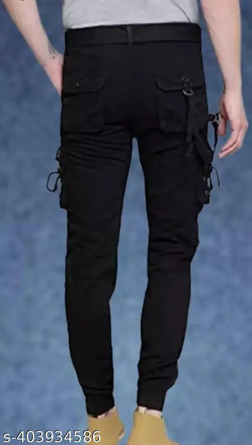 Men's black cotton blend cargo jeans, solid design in size 28, 30, 32, or 34. Made in India