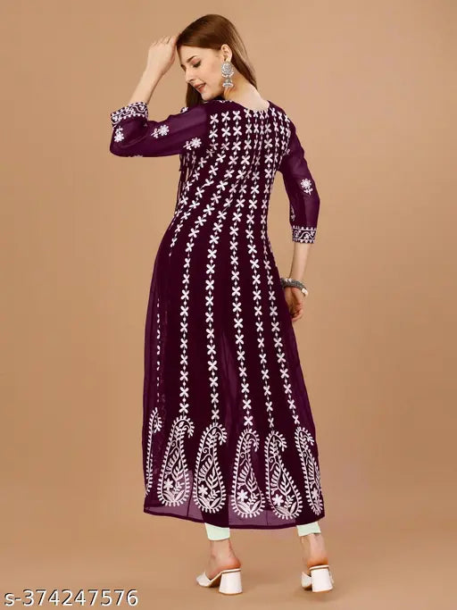 Purple embroidered long kurta, 3/4 length
