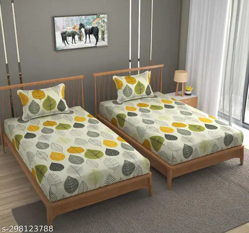 Comfortable cotton 3D printed two single bed sheets with two pillow covers - Breathable botanical-patterned microfiber bedding for summer, ideal for adults