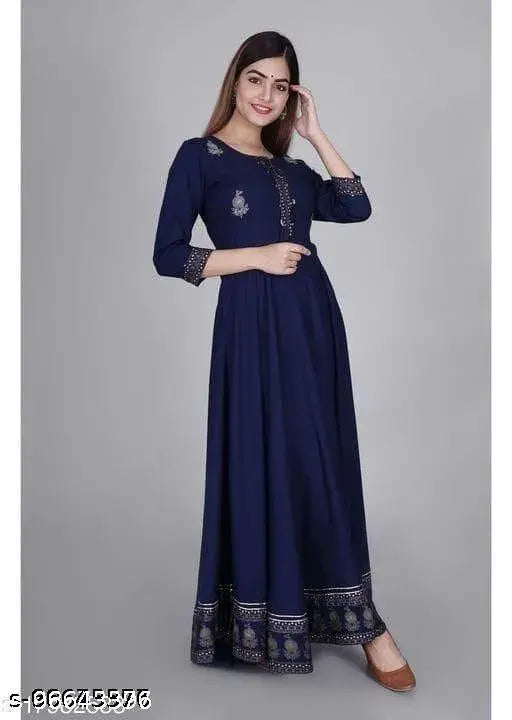 Royal blue long-length dress with embroidered border, full sleeves, front zip closure