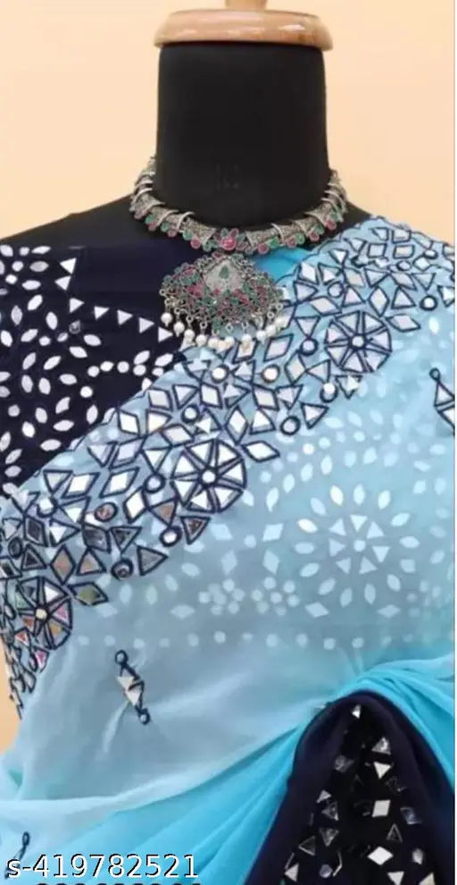Double shaded georgette saree with white pallu, mirror detailing