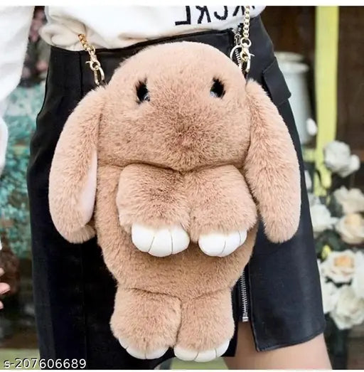 Gold chain strap, fluffy plush toy rabbit, decorative sling purse for girls