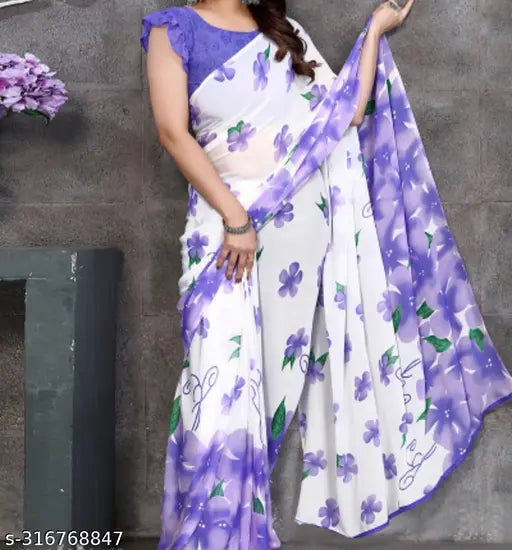 Purple flower print georgette saree with pallu and border