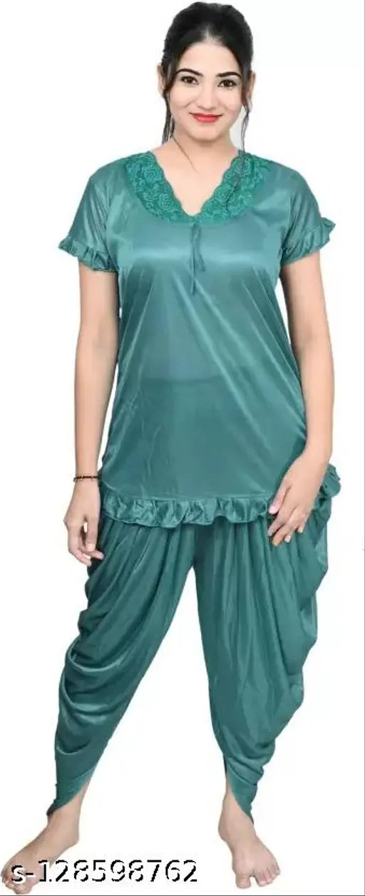 Green satin women's night suit dhoti kurta, comfortable for all-night sleepwear