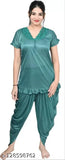 Green satin women's night suit dhoti kurta, comfortable for all-night sleepwear