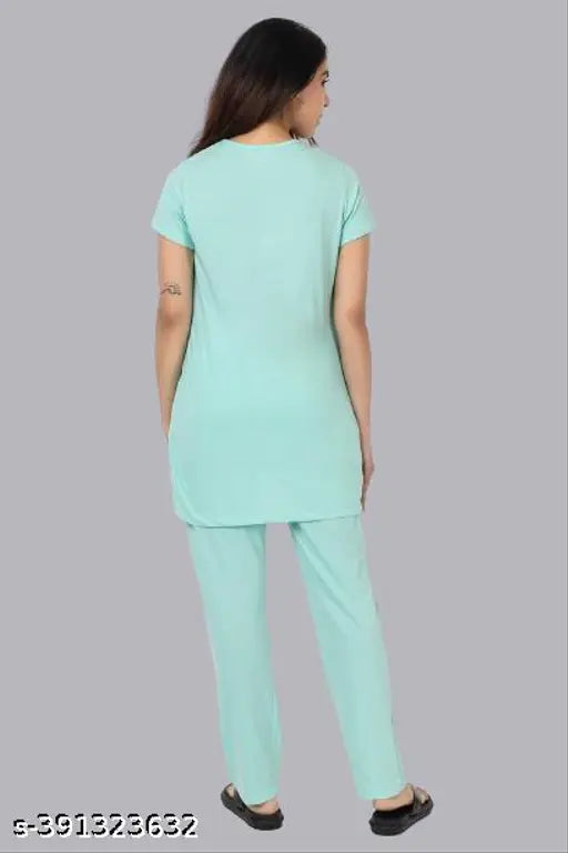 Sea Green Cotton Night Suit for Women with beautiful print, premium quality cotton, round neck design, available in sizes L, XL, XXL, XXXL