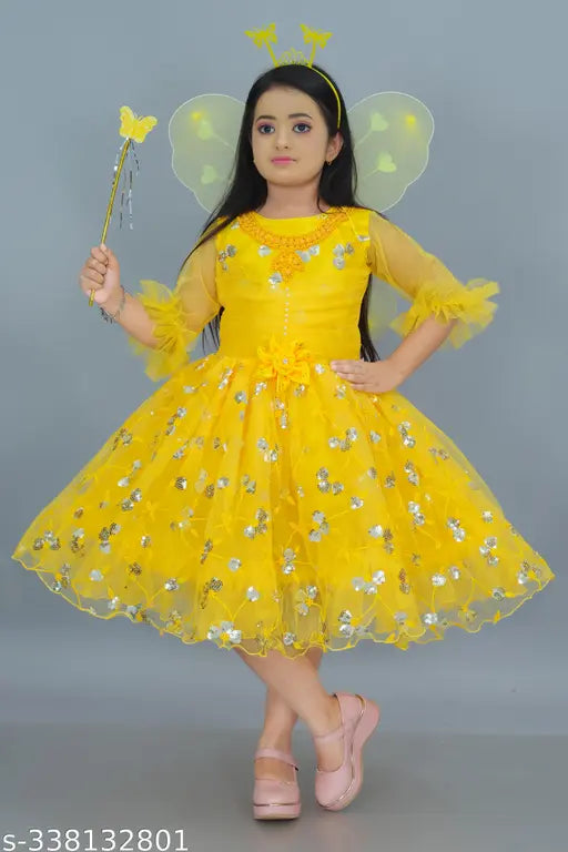 Yellow embellished net Pari frock, ideal for parties & events (Pack of 1), hand wash recommended