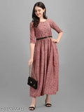 Burgundy women's kurta with belt, mid-length sleeve, casual wear