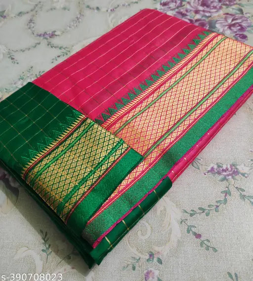 Banarsi silk mini check Paithani saree with cotton-silk blend, ultra-soft fabric, contrast color anchal & pallu