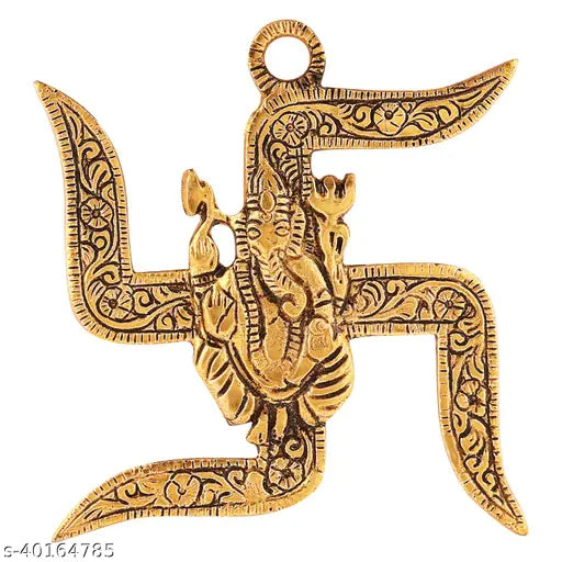 Metal wall hanging with Satik and Ganesh design, blending traditional patterns and spiritual symbolism, ideal for office walls or room decor. Handcrafted Indian artifact, dimensions: 0.5cm (L) x 7cm (H) x 7cm (W), enhances spaces with cultural elegance
