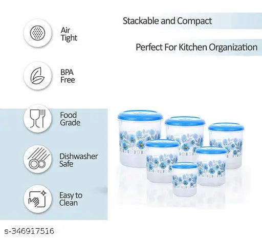 Veksin 6-piece plastic container set with blue designs, available in different weights - 12kg, 8kg, 6kg, 3kg, 2kg, 1kg