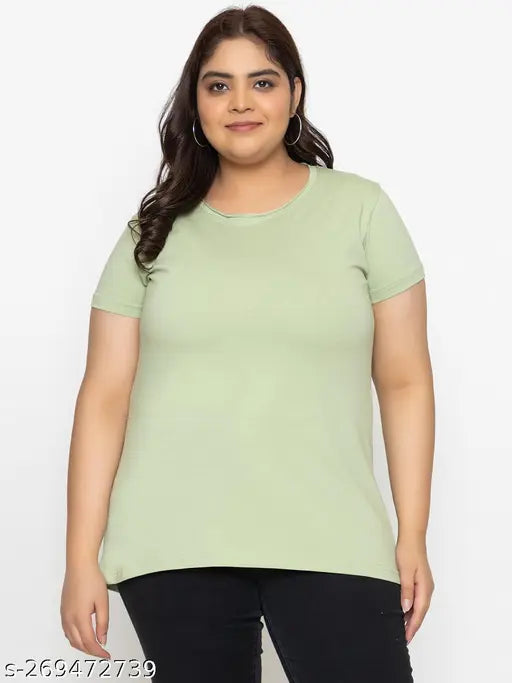 Plus-size oversized cotton round neck half sleeve t-shirt, solid design in XXL (bust 44in, length 29in), Indian made women's casual wear