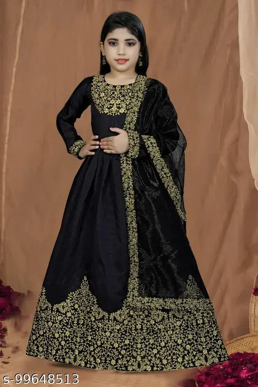 Yellow polyester kids' embroidered Georgette gown, perfect for parties and weddings. Sunshin arkali design with three-quarter sleeves and full chest sleeve