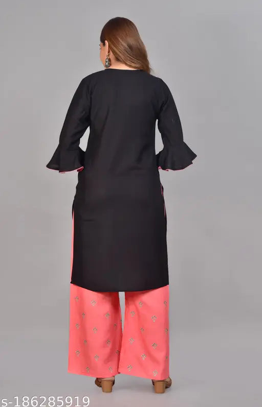 Rayon kurta pallazzo set, three-quarter sleeves, printed net design, XL, India origin
