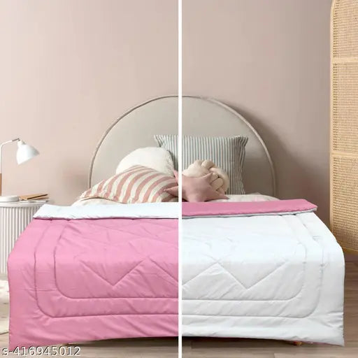 White and grey reversible cotton single bed comforter, vacuum packed - Indian made hollow fiber filling