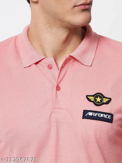 Light pink cotton blend mens collar neck half sleeve t-shirt, printed design on display rack