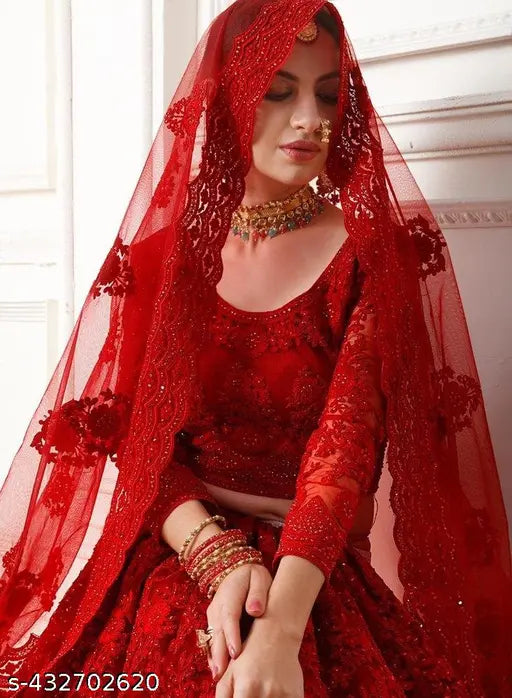 Stylish embellished lehenga-choli set in net fabric, semi-stitched (44waist, 42length, 12dupatta)