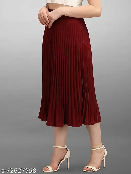 Burgundy pleated women's skirt, knee-length, high waist