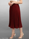 Burgundy pleated women's skirt, knee-length, high waist