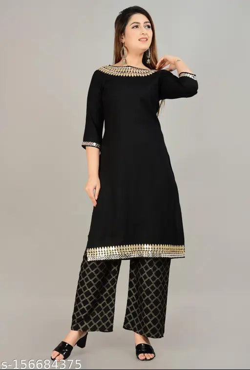 Rayon kurta set for women, solid pattern with three-quarter sleeves, palazzos bottom, Indian fashion quality