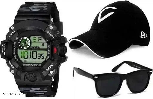 Tekzie Cotton Baseball Cap, Watch, and Sunglasses Combo - Indian hip hop style for new boys in solid patterns (Pack of 3)