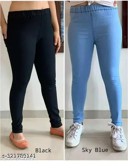 Denim jeggings for women, solid pattern in Black & Sky Blue, size options available from 34 to 44 (India)