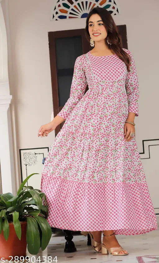 Rayon printed embroidery gown for woman fashion, three-quarter sleeves, vibrant Indian print dress
